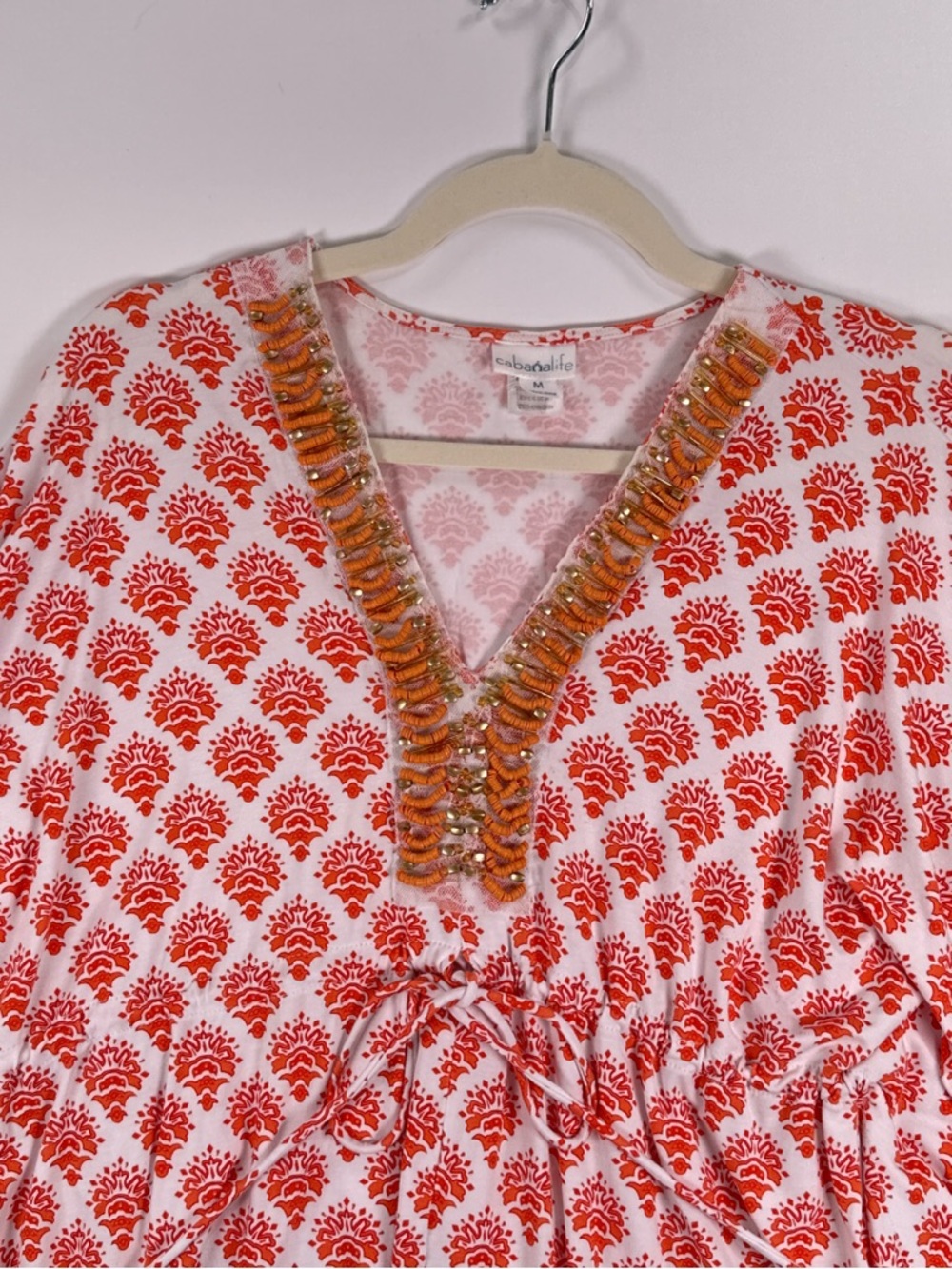 Cabana Life Beaded V-Neck Drawstring Medallion Cover Up Tunic Orange White M - Picture 12 of 12